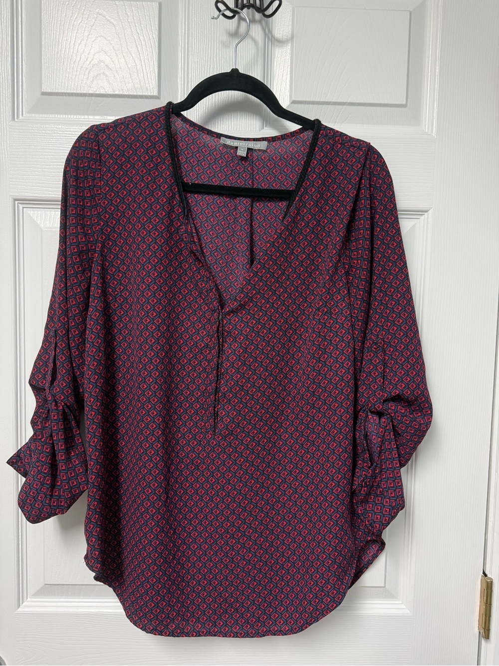 Daniel Rainn Navy and Pink Geometric Split-Neck Blouse